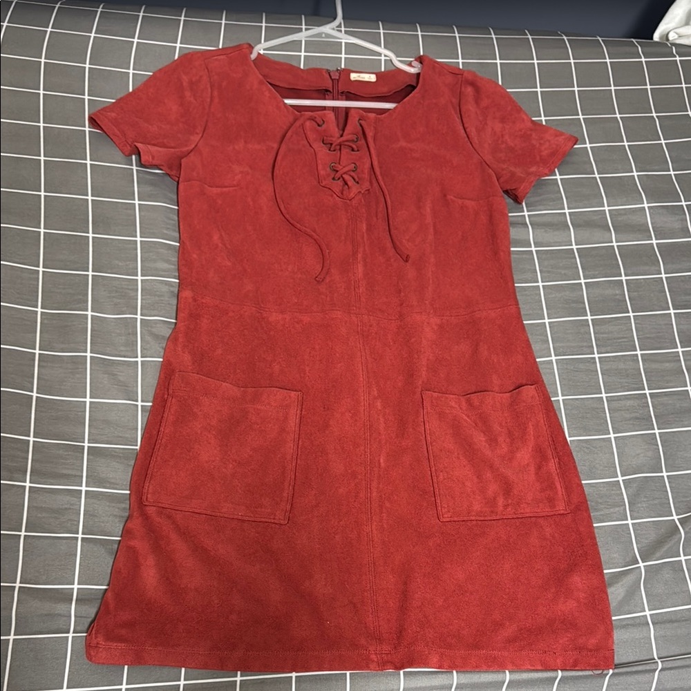 Red Lace-Up Suede Dress